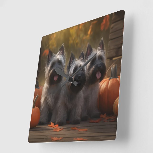 Skye Terrier Puppy Autumn Delight Pumpkin  Square Wall Clock (Angle)