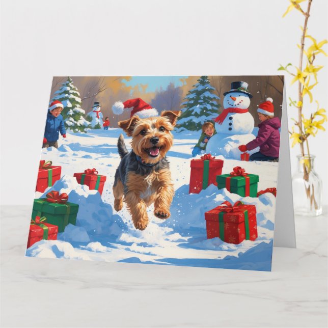 Skye Terrier Running in Snow with Christmas Hat Card (Yellow Flower)