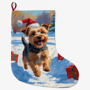 Skye Terrier Running in Snow with Christmas Hat Large Christmas Stocking