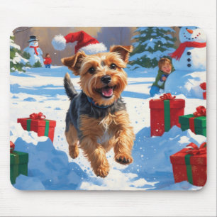 Skye Terrier Running in Snow with Christmas Hat Mouse Pad