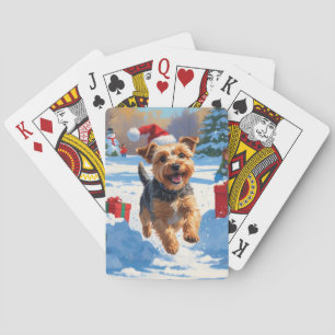 Skye Terrier Running in Snow with Christmas Hat Playing Cards