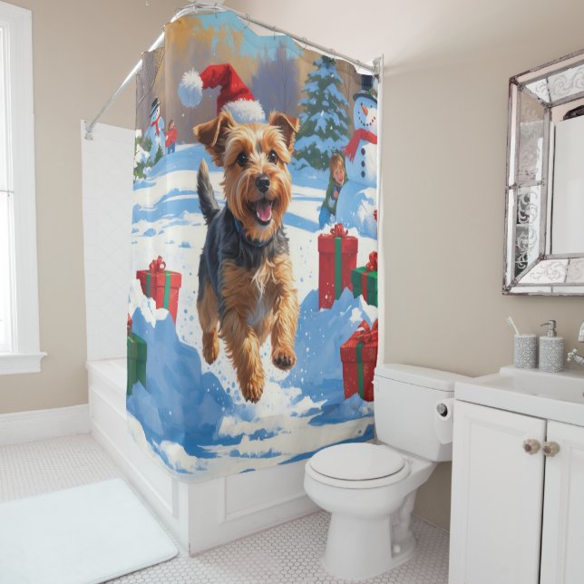 Skye Terrier Running in Snow with Christmas Hat Shower Curtain (In Situ)