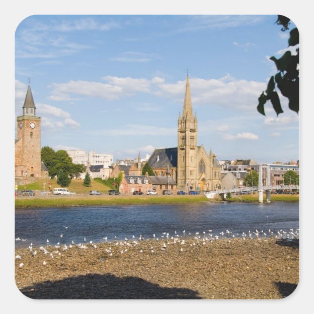 Skyline and river of quaint town of Inverness Square Sticker (Front)