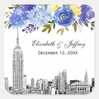 Skyline ESB Etch Blue Yellow Floral Watercolor Square Sticker