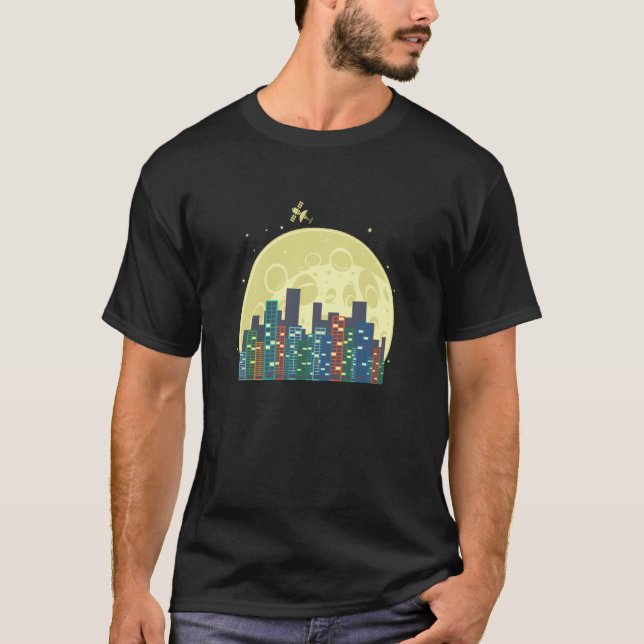Skyline in front of Moon and Satellite Building Ci T-Shirt (Front)