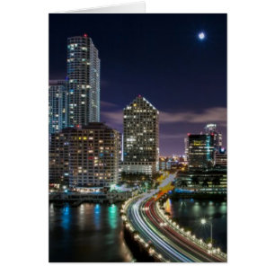 Skyline of Miami city with bridge at night