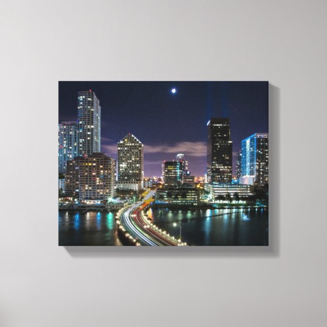 Skyline of Miami city with bridge at night Canvas Print (Front)