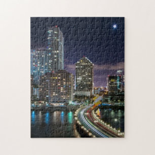 Skyline of Miami city with bridge at night Jigsaw Puzzle