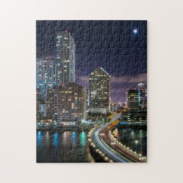 Skyline of Miami city with bridge at night Jigsaw Puzzle (Vertical)