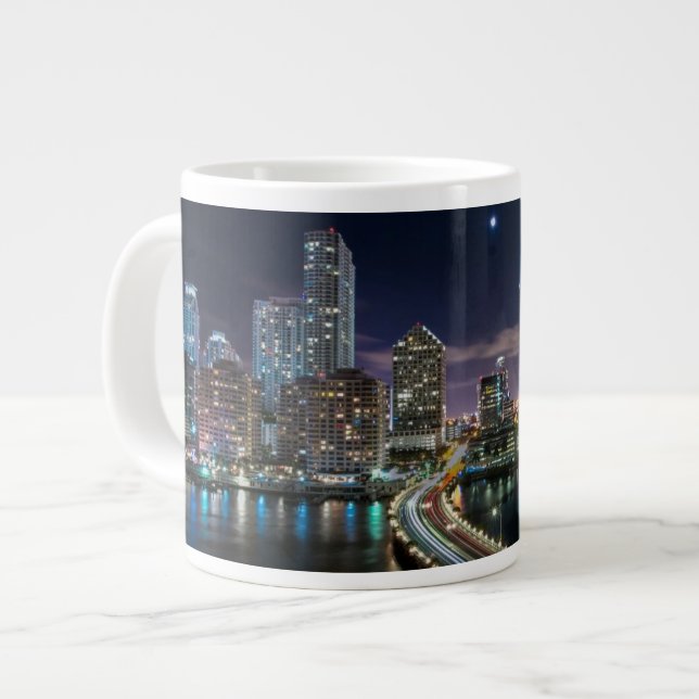 Skyline of Miami city with bridge at night Large Coffee Mug (Front Left)