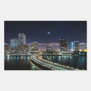 Skyline of Miami city with bridge at night Rectangular Sticker