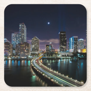 Skyline of Miami city with bridge at night Square Paper Coaster