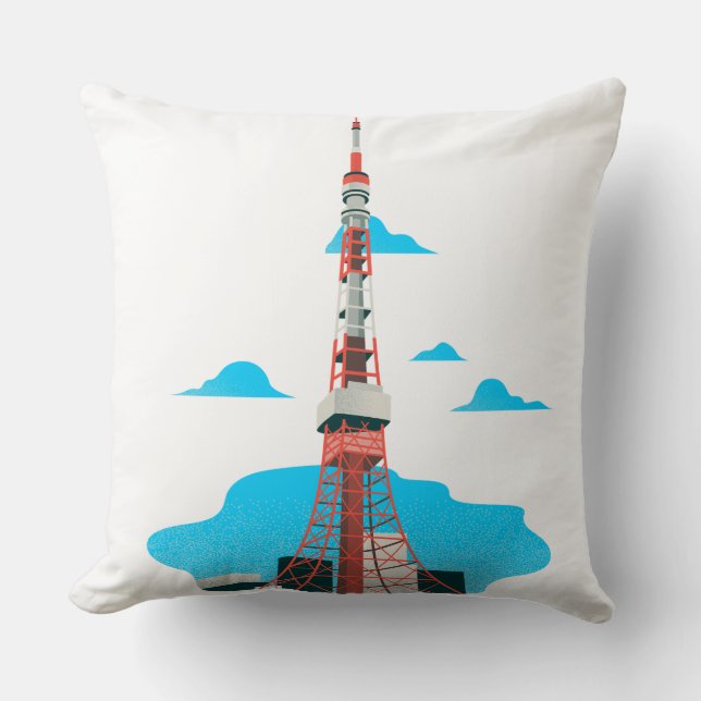 "Skyline Serenity: Blue Tower Pillow" Cushion (Front)