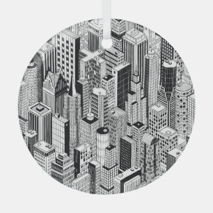 Skyscraper city illustration, isometric seamless p glass tree decoration