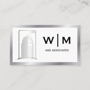 Skyscraper Logo Metal Border Monogram Business Card