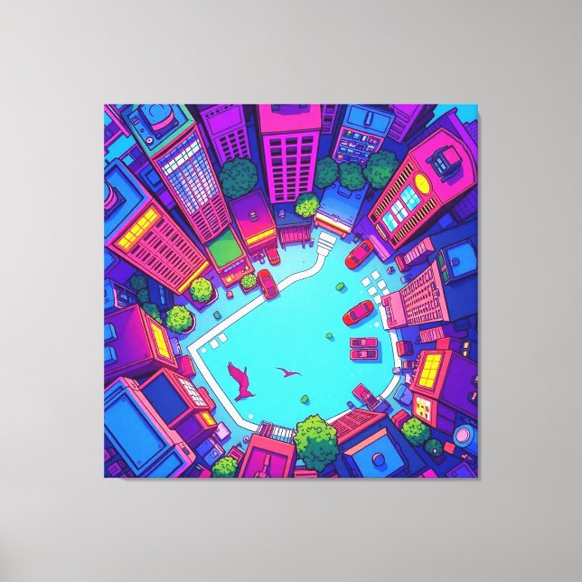 Skyview City – Neon Pop Art Urban Landscape Canvas Print (Front)