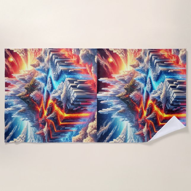 Skyward Clash: The Island of Fire and Ice Beach Towel (Front)