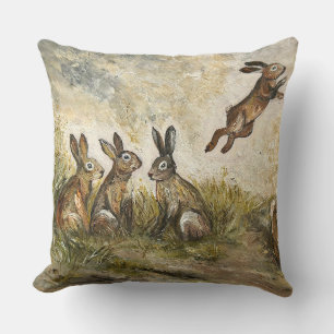 Skyward Fluff Meadow Hare Whimsical Rabbit Family Cushion