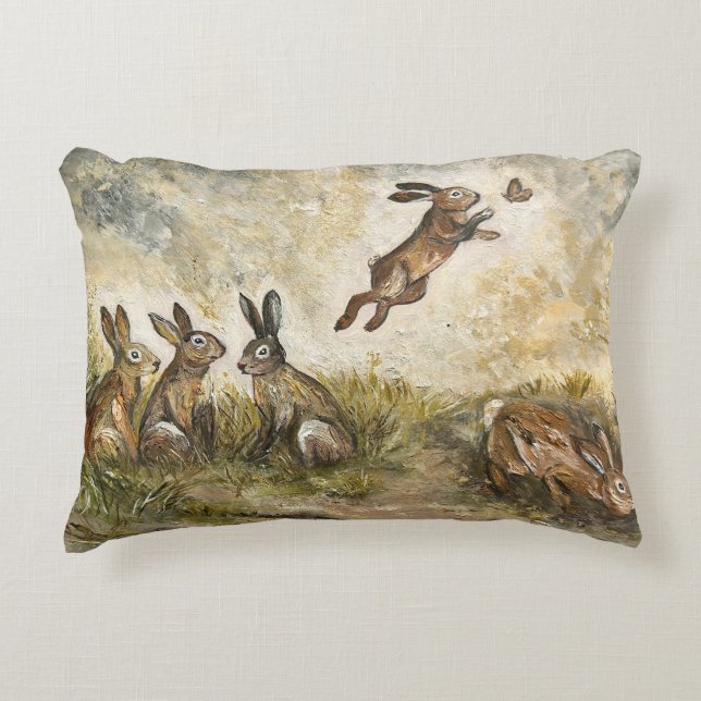 Skyward Fluff Meadow Hare Whimsical Rabbit Family  Decorative Cushion (Front)