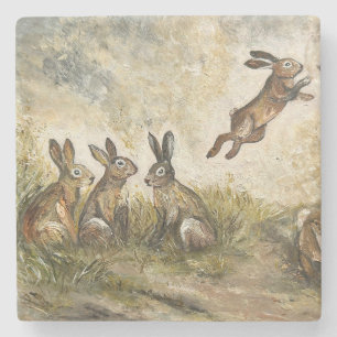 Skyward Fluff Meadow Hare Whimsical Rabbit Family  Stone Coaster