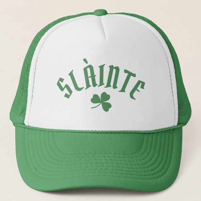 SLÀINTE Funny Irish St. Patrick's Day Green Clover Trucker Hat (Front)