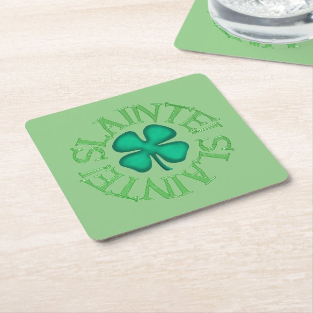 Slainte! green paper drink coasters (Angled)