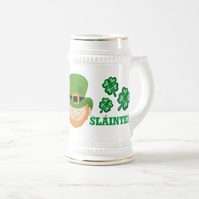 Sláinte! Irish leprechaun and shamrocks Beer Stein (Front Right)
