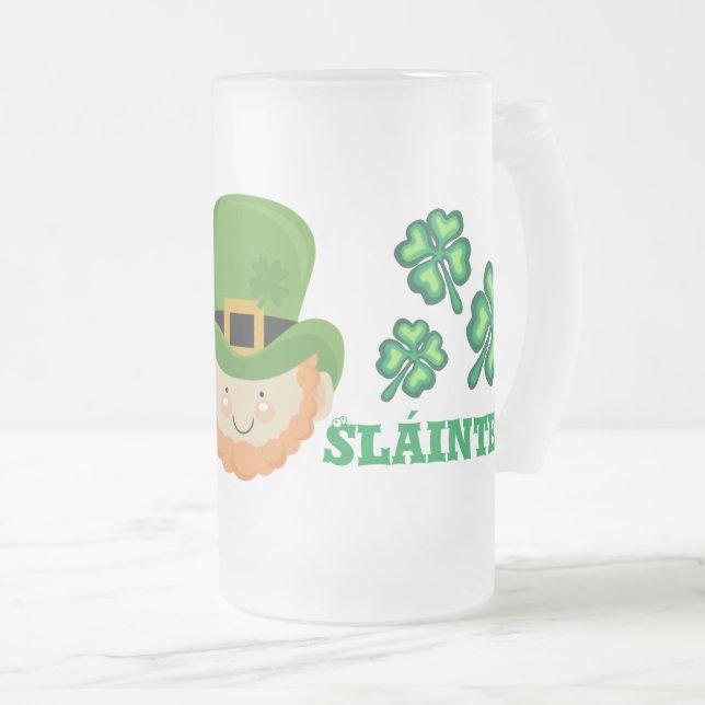 Sláinte! Irish leprechaun and shamrocks Frosted Glass Beer Mug (Front Right)