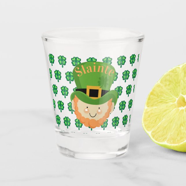 Slainte Irish leprechaun and shamrocks Shot Glass (Front)