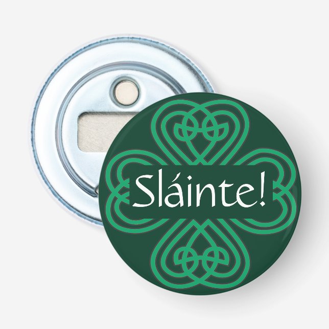 Sláinte Irish Shamrock Green Celtic Lucky Clover Bottle Opener (Front)