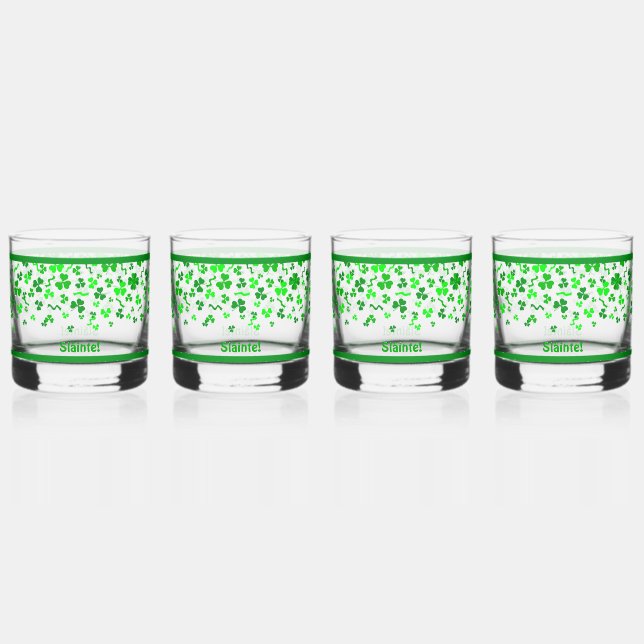 Sláinte Lucky Irish Shamrocks Design Personalized Whiskey Glass (Front)