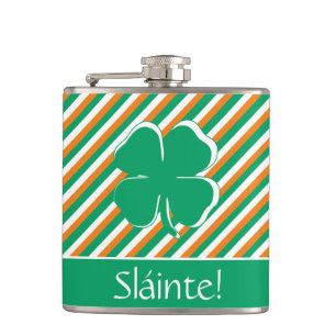 Sláinte Modern Green Orange Stripes Irish Shamroc Hip Flask