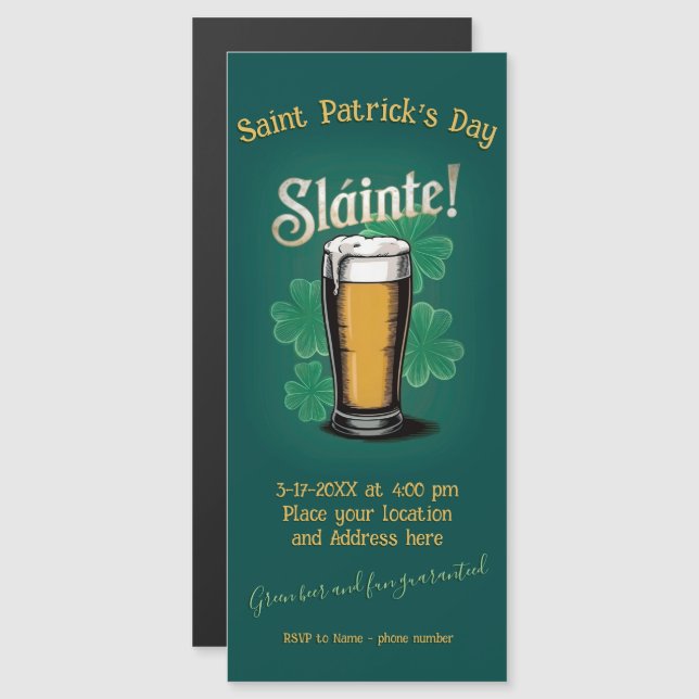 Slàinte! Saint Patrick's Day Pint of Beer on Green Magnetic Invitation (Front/Back)