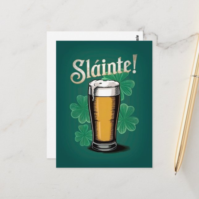 Slàinte! Saint Patrick's Day Pint of Beer on Green Postcard (Front/Back In Situ)