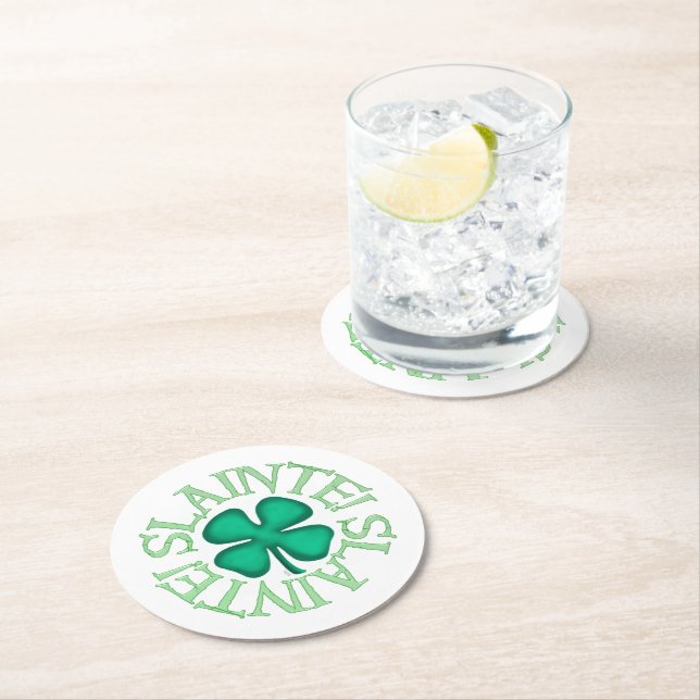 Slainte! white round paper drink coasters (Insitu)