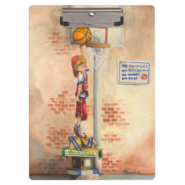 Slam Dunk on Basketball Hoop by Jay Throckmorton Clipboard (Front)