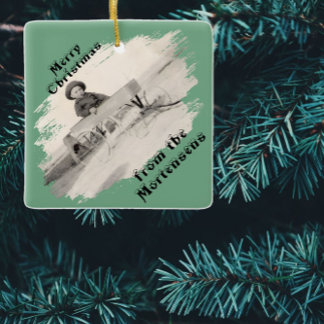 Slanted Photo with Swiped Opening Christmas Text Ceramic Ornament