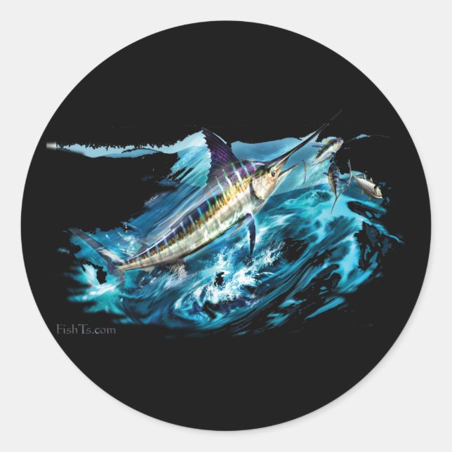 Slashing Marlin Jumping with Tuna Classic Round Sticker (Front)