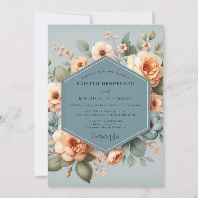 Slate Apricot Bloom Wedding Invitation (Front)