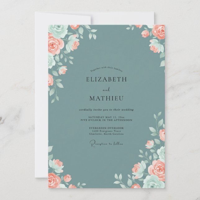 Slate Apricot Leafy Wedding Invitation (Front)