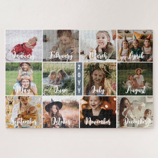Slate Blue 12 Photo Months & Year Collage Jigsaw Puzzle (Horizontal)