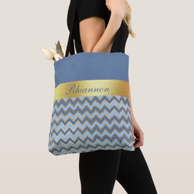 Slate Blue And Gold Chevron Pattern - Personalised Tote Bag (Close Up)
