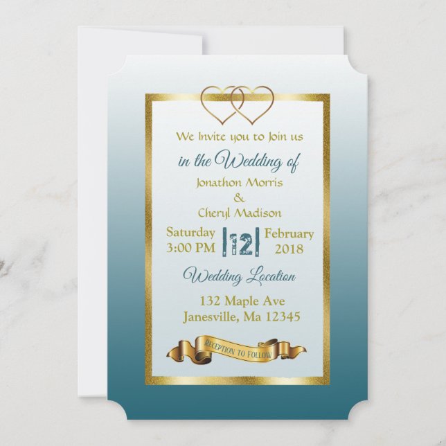 Slate Blue and Gold Hearts Wedding Invitations (Front)