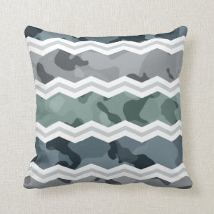 Slate Blue and Grey Camo Chevron Pattern Cushion