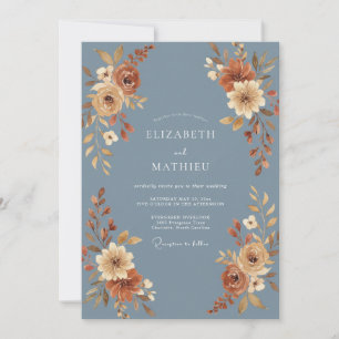 Slate Blue Autumnal Floral Wedding Invitation