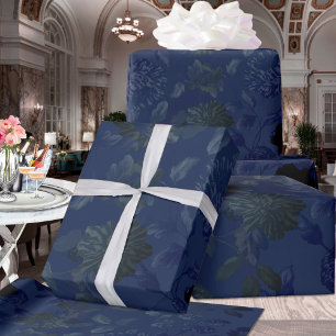 Slate Blue Black Modern Vintage Floral Toile Wrapping Paper
