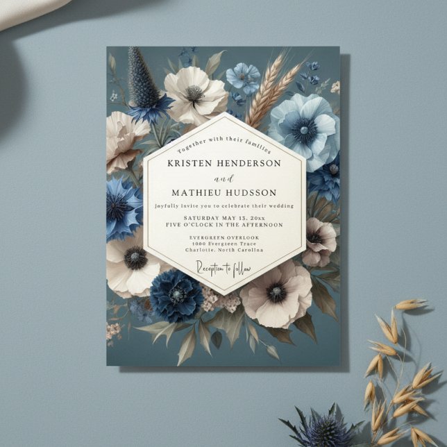 Slate Blue Bloom Moody Wedding Invitation (Creator Uploaded)