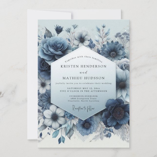 Slate Blue Bloom Romance Wedding Invitation (Front)
