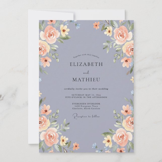 Slate Blue Blossom Romance Wedding Invitation (Front)