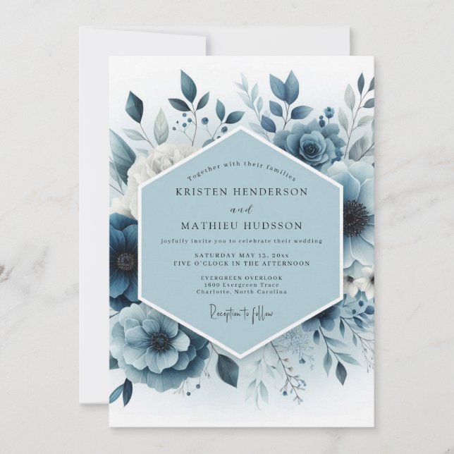 Slate Blue Botanical Bloom Wedding Invitation (Front)